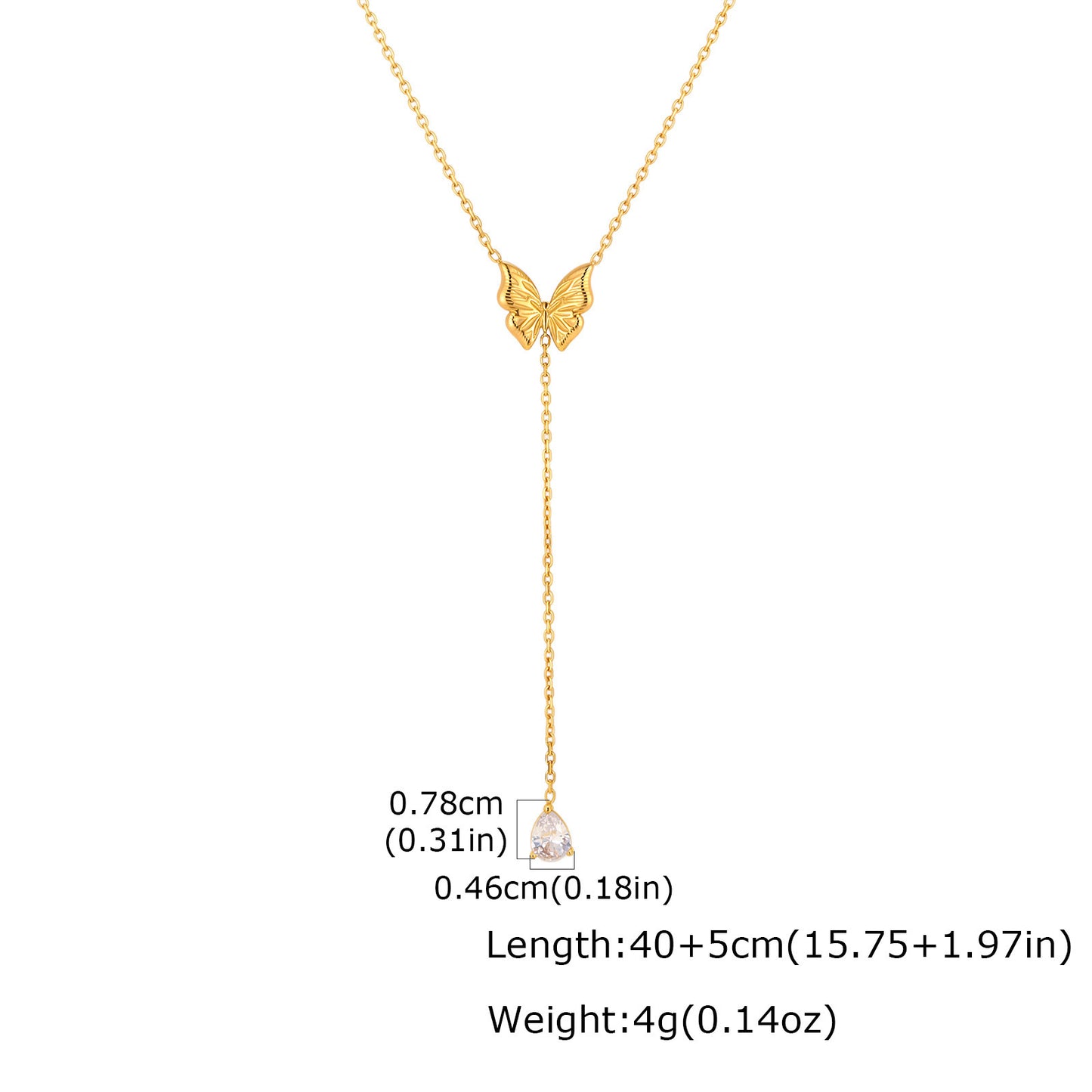 Stainless Steel Butterfly Tassel Water Drop Zircon Y-Shaped Women's Zircon Pendant Necklace