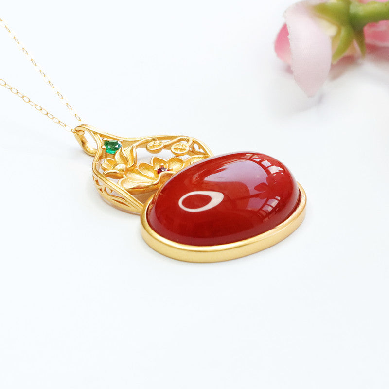 Agate Gourd & Lotus Silver Pendant — No Chain