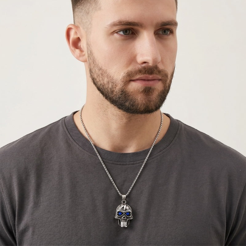 Viking Horn Helmet Pendant Zircon Blue Eyed Skull Pirate Skull Pendant Stainless Steel Necklace