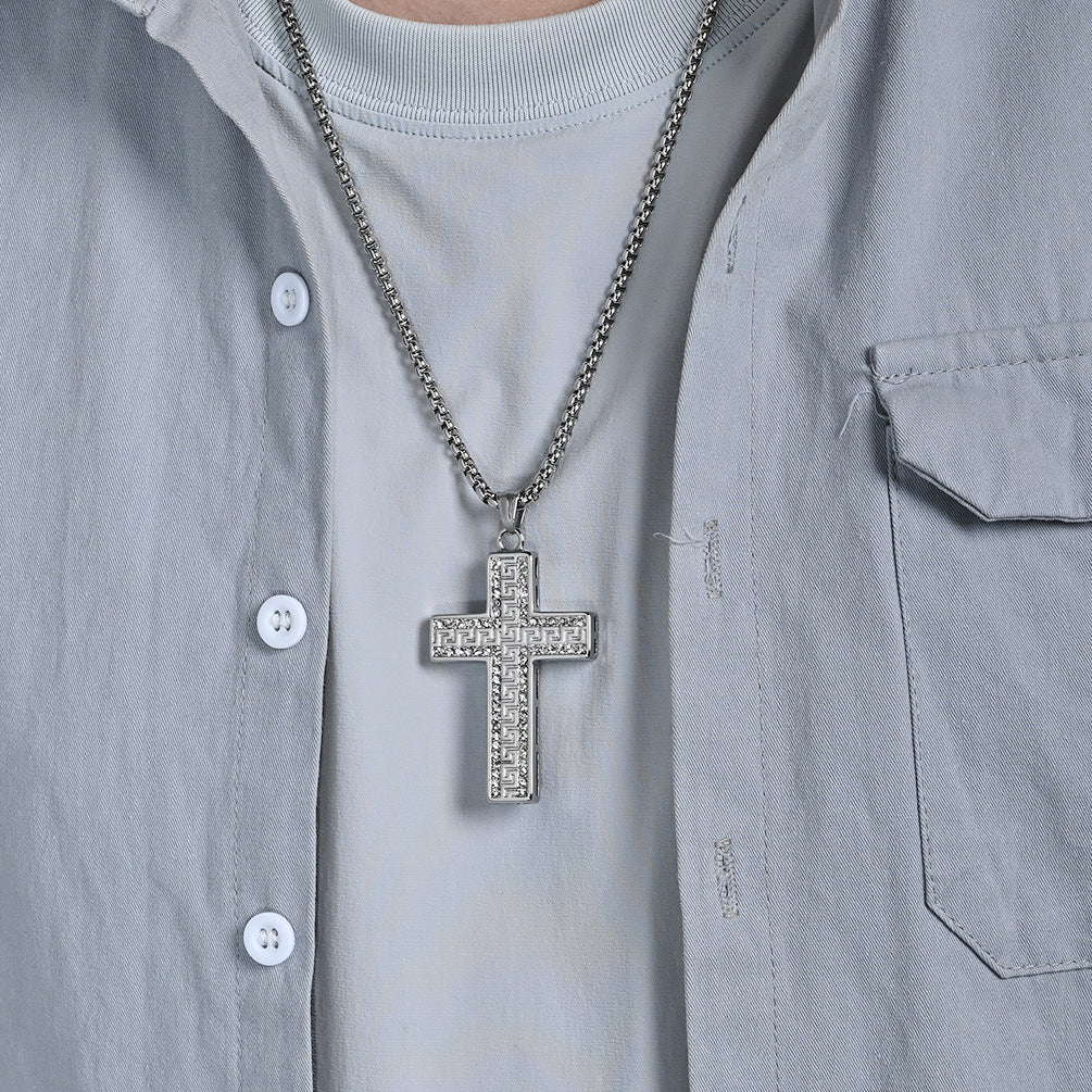 Planderful Cross Necklace For Men With Full Zircon European American Great Wall Pattern Hip Hop Pendant