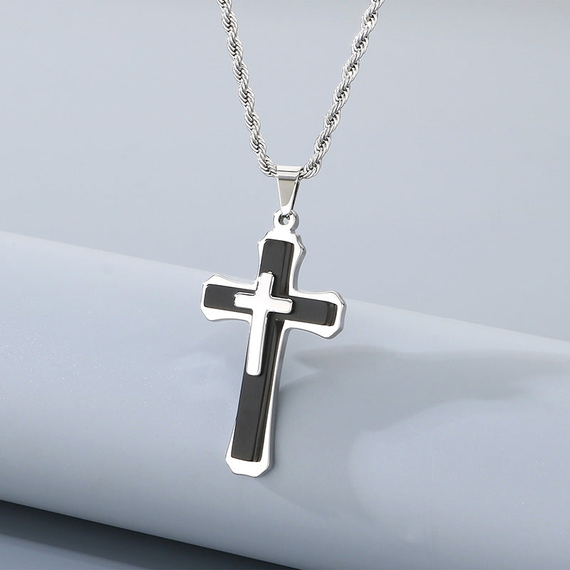 Style Three-Layer Three-Dimensional Cross Pendant, Titanium Steel Black Steel Contrasting Color Necklace, Men's
