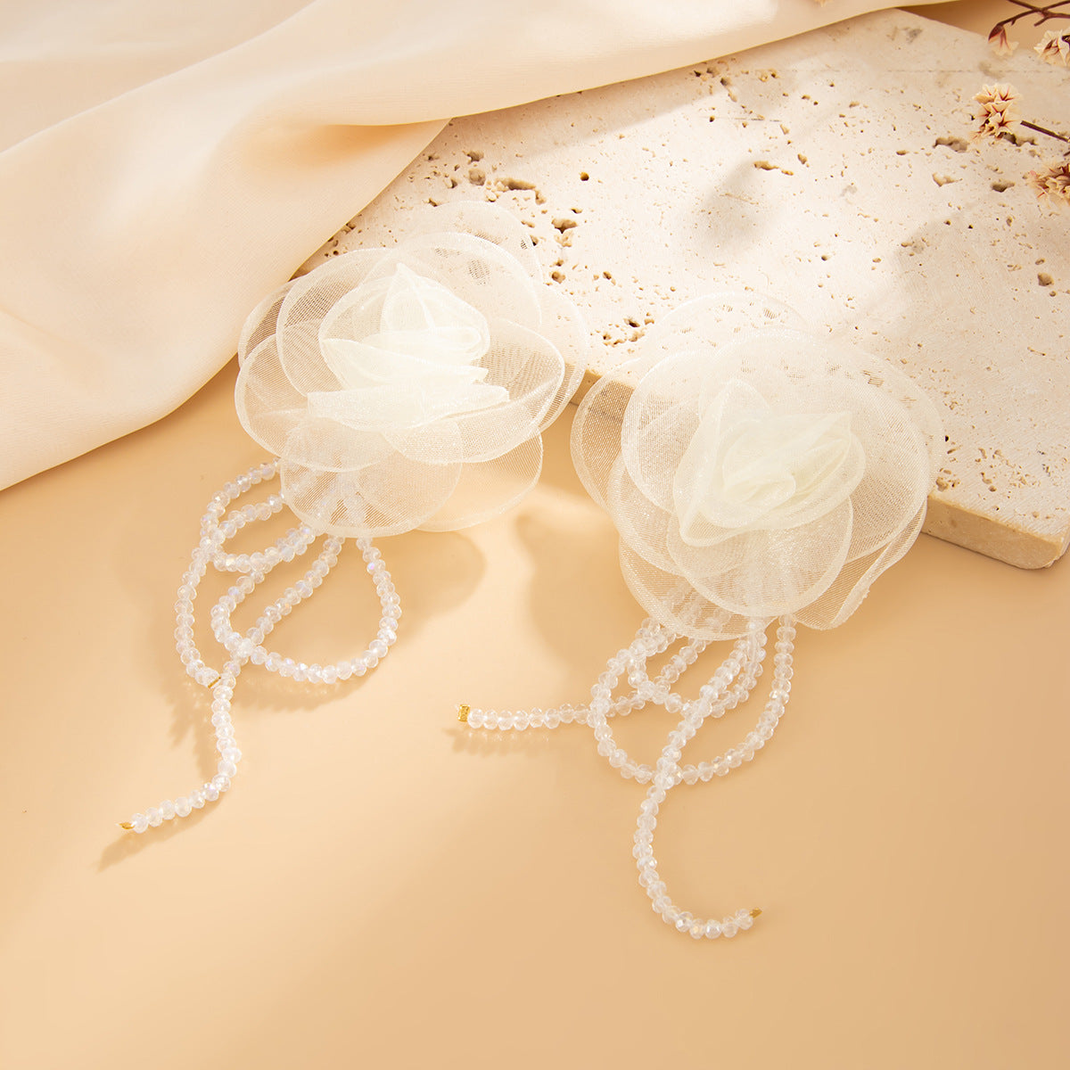 Planderful Vienna Verve Three Dimensional Rose Pearl Earrings For Women Fringed Beaded Fabric Jewelry