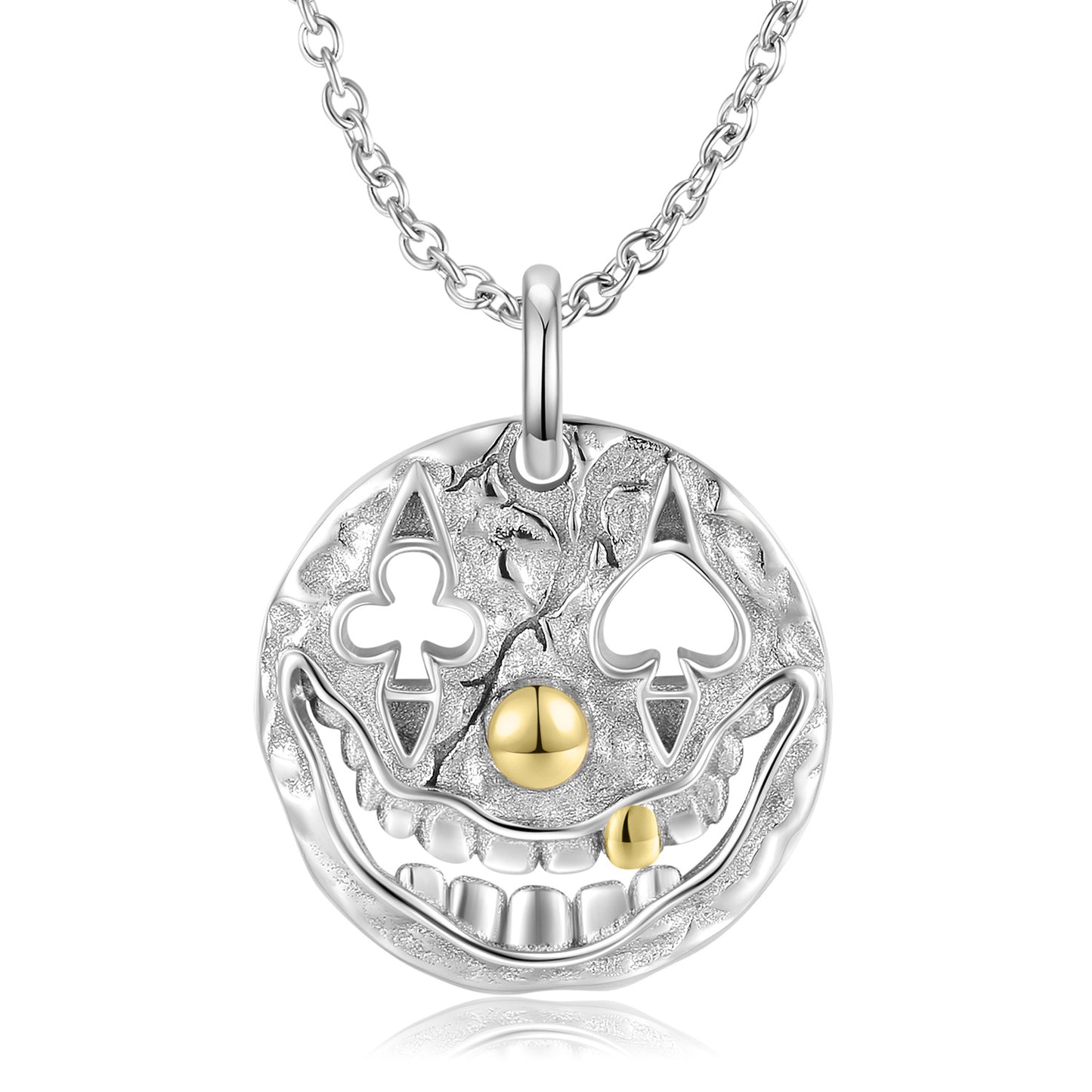 Hollow Poker Joker Face Round Pendant Silver Necklace
