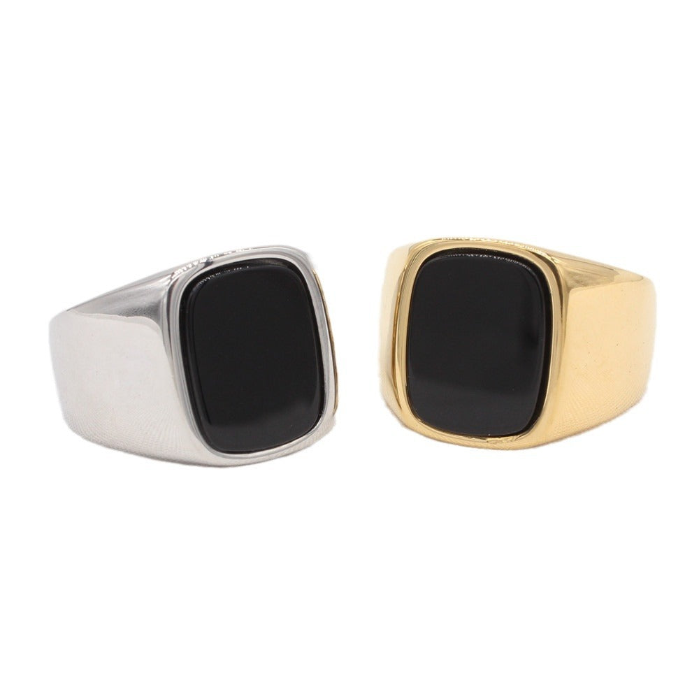 Planderful Everyday Genie Titanium Steel Ring for Men and Unisex Black Stone Rectangular Modern Protection