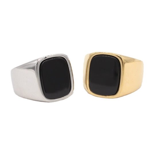 Planderful Everyday Genie Titanium Steel Ring for Men and Unisex Black Stone Rectangular Modern Protection