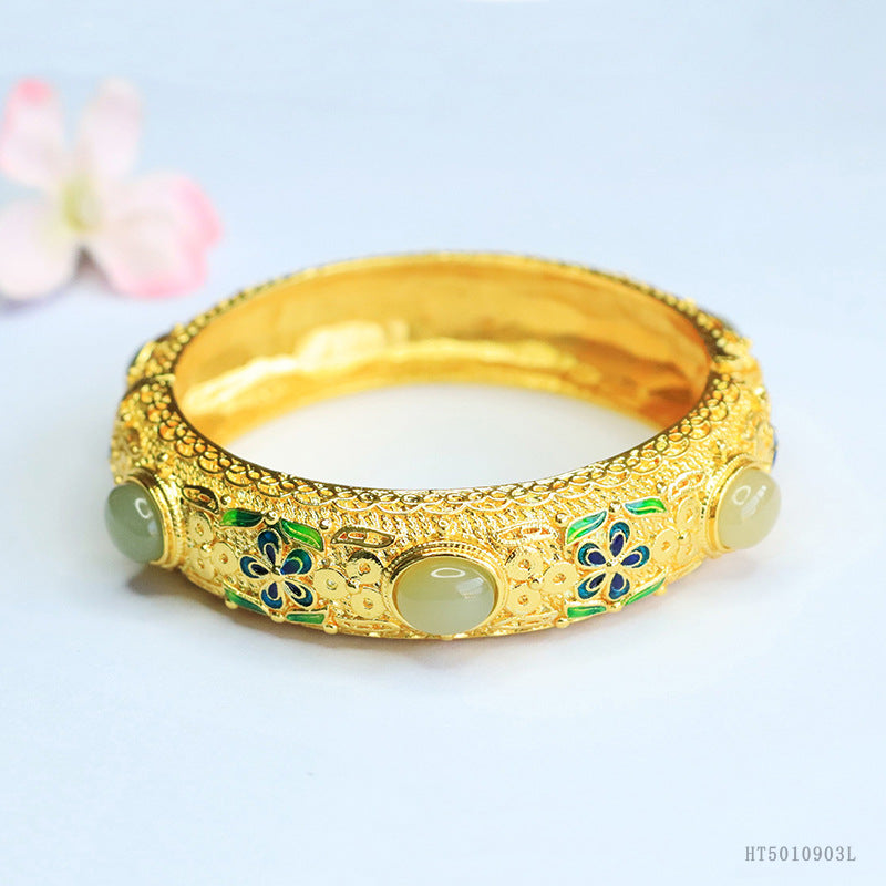 Qingshui Hetian Jade Enamel Flower Bangle