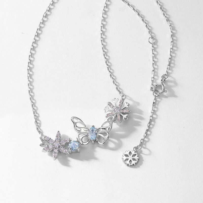 Hollow Butterfly Zircon Snowflake Sterling Silver Necklace