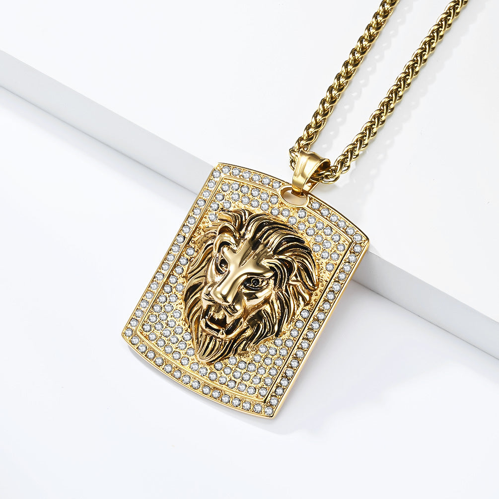 Planderful Everyday Genie Hip Hop Zircon Lion Head Pendant Titanium Steel Unisex Necklace For Bold Protection