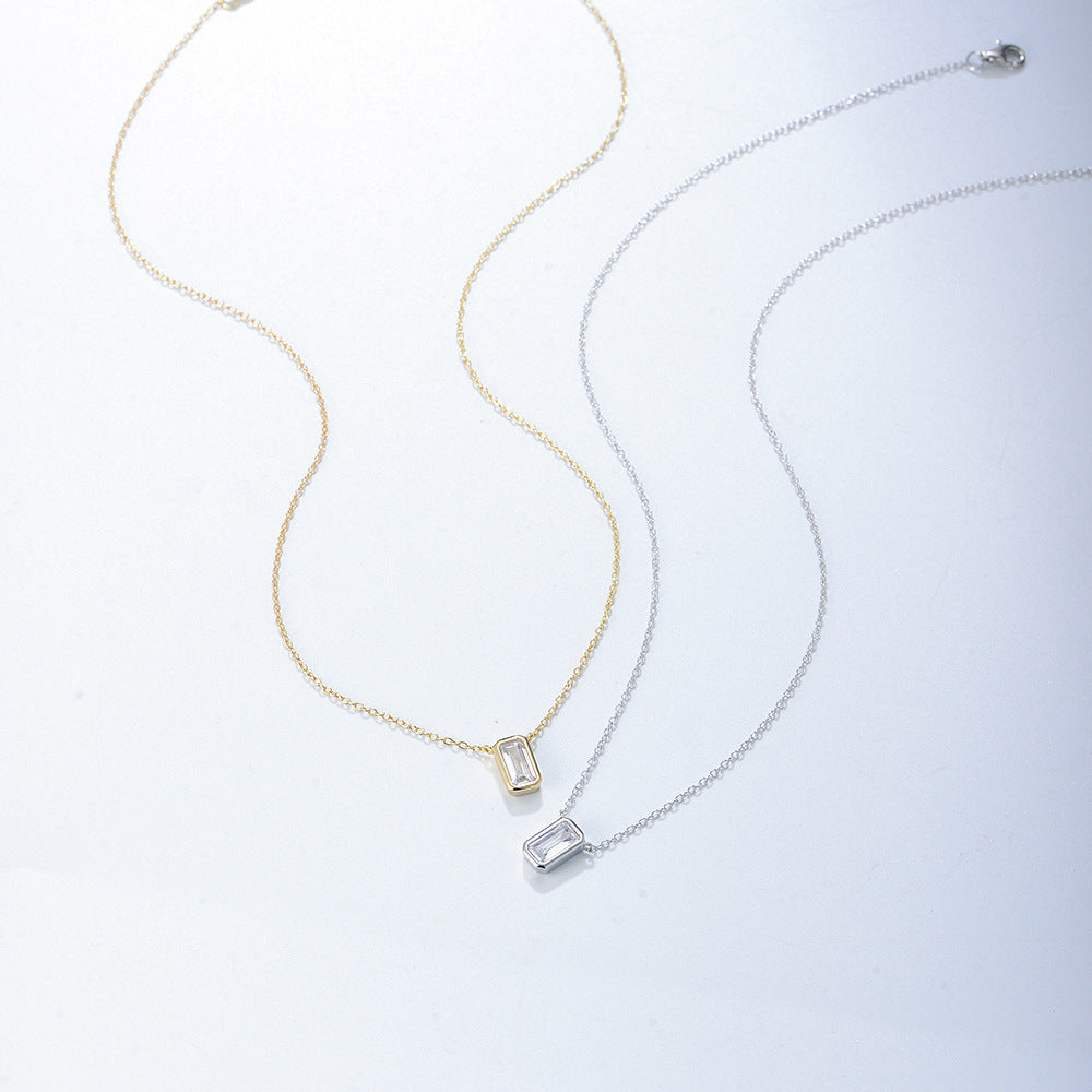 S925 Silver Geometric Square Zircon Pendant Necklace High Sense