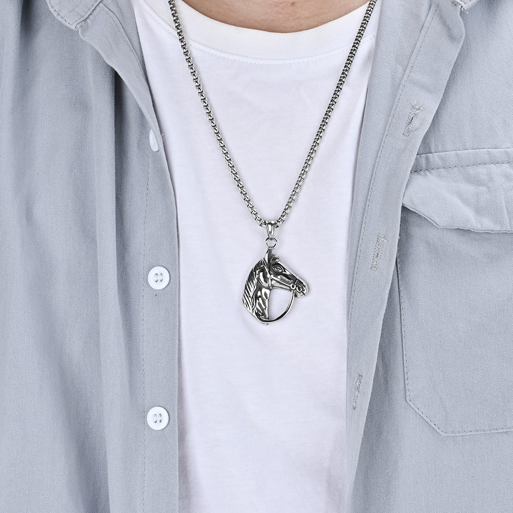 Planderful Mens Horse Head Necklace Personalized Retro Titanium Steel Pendant For Horse Racing Fans