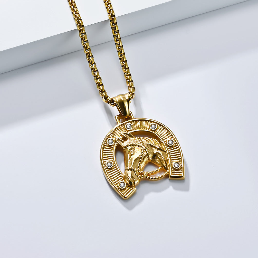 Planderful Titanium Steel Horse Head Pendant Necklace For Men Personalised Retro Horseshoe Hip Hop Jewelry