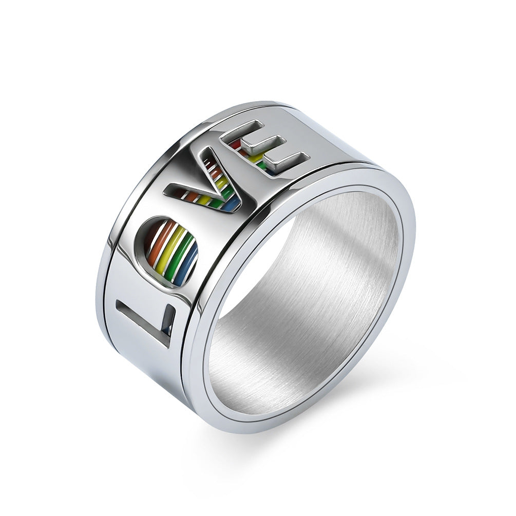 Cross-Border Amazon LOVE Rotating Titanium Steel Rainbow Ring