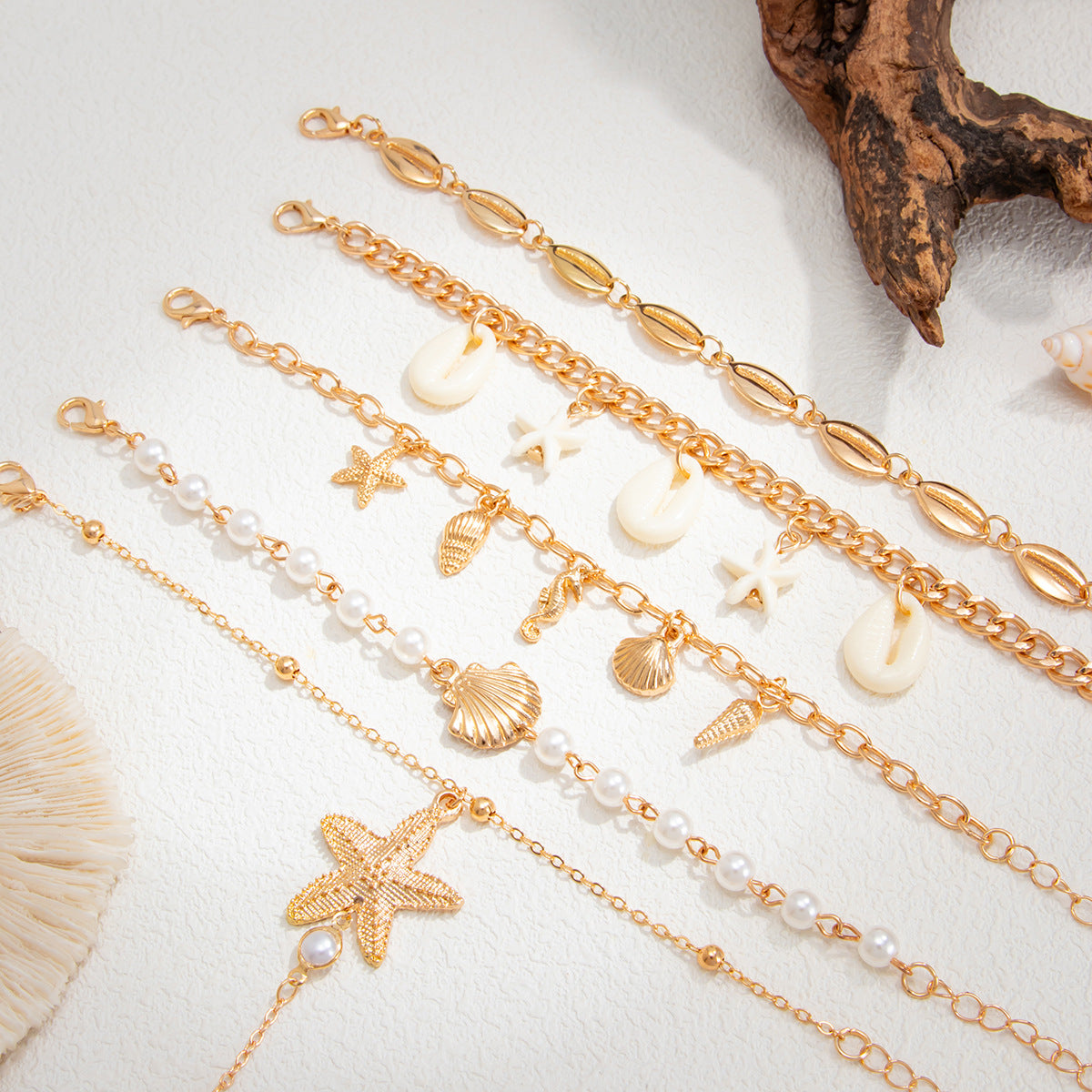 Ocean-Style Shell Tassel Finger Bracelet Vacation Seahorse And Starfish Shape Layered Pearl