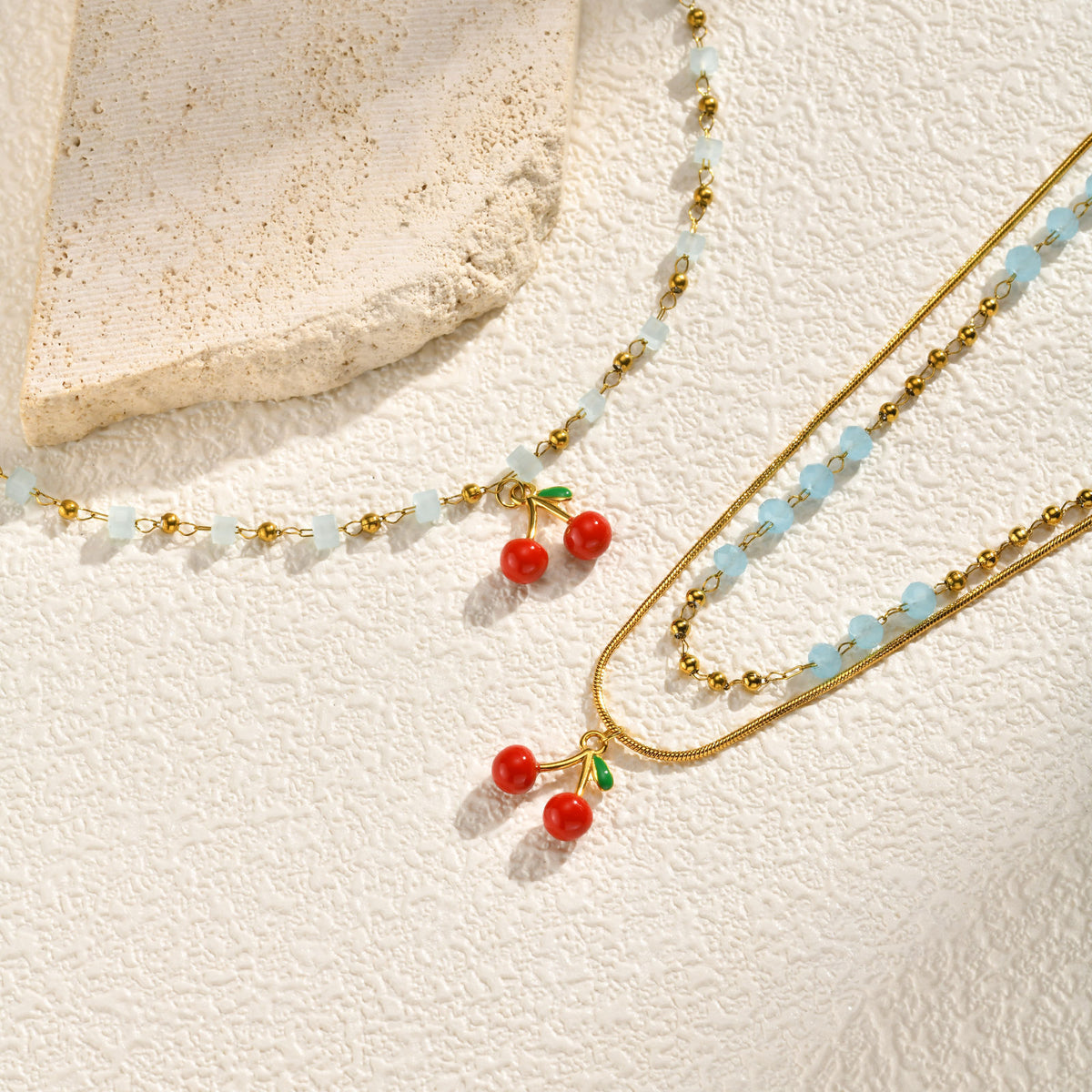 Stainless Steel Beaded Sugar Cube Necklace Light Blue Bead Chain Cherry Sweet Necklace