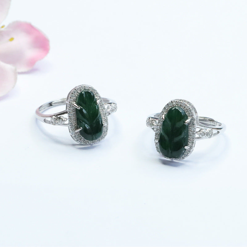 Emerald Jade Leaf Sterling Silver Ring