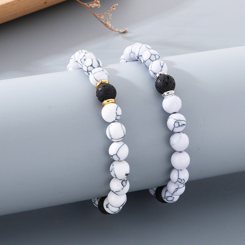 Turquoise Couple Girlfriend Bracelet – Stainless Steel Ring Volcanic Stone Elastic Rope