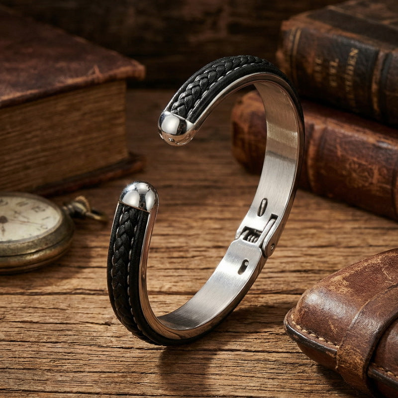 Design Atmospheric Braided Leather Stainless Steel C-Open Bracelet Men's
