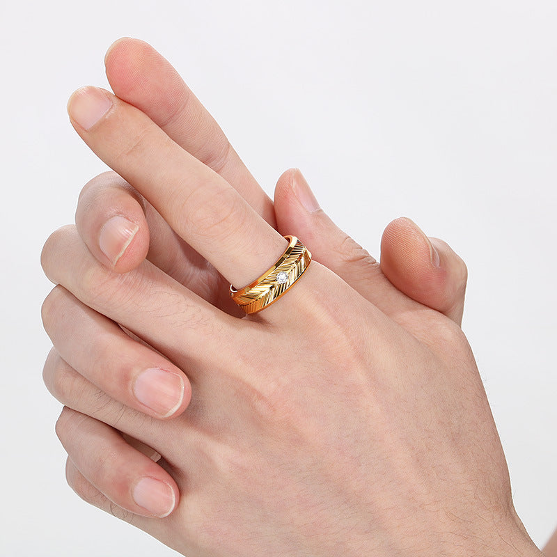 Ring Vacuum Plated Zircon Feather Round Stainless Steel Men's Ring