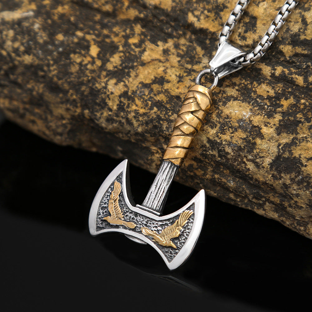 Nordic Viking Raven Axe Titanium Steel Pendant Necklace