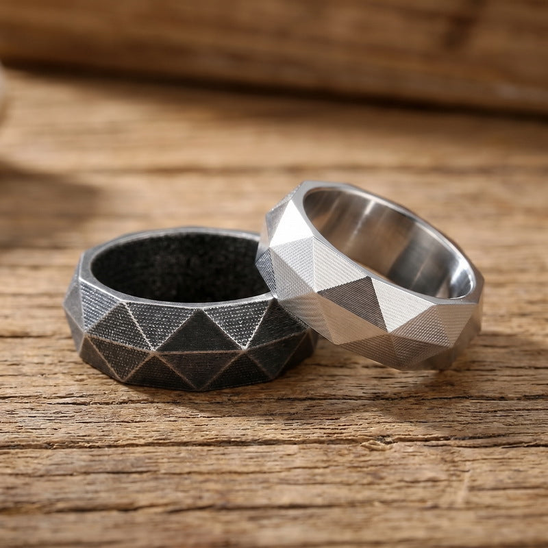 Niche Creative Geometric Ring, Punk Style Retro 8mm Rhombus Cut Stainless Steel Men's