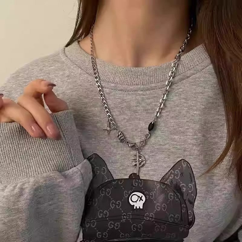 Planderful Jewelry Black Gemstone Star Moon Necklace In Stainless Steel Elegant Everyday Style