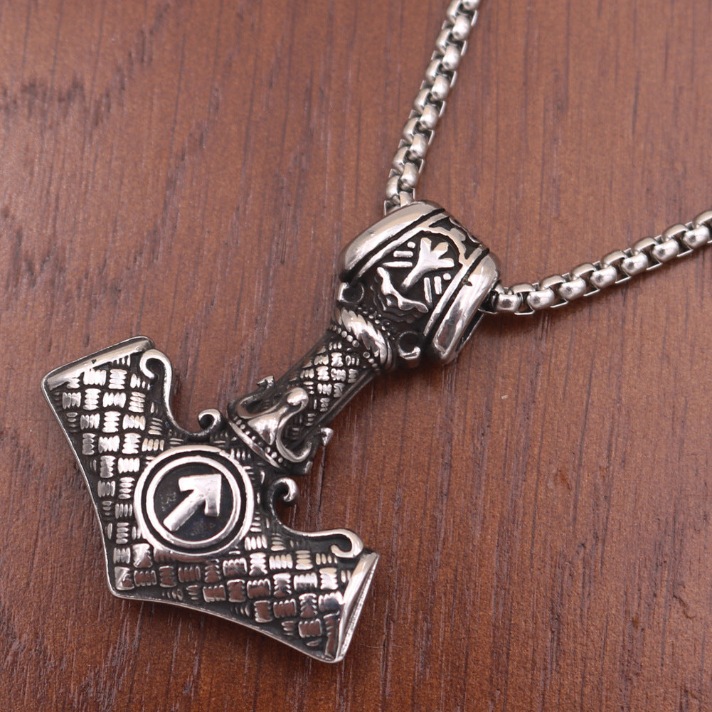 Viking Thunder Hammer Titanium Steel Necklace - European and American Favorite with Runa Rune Pendant