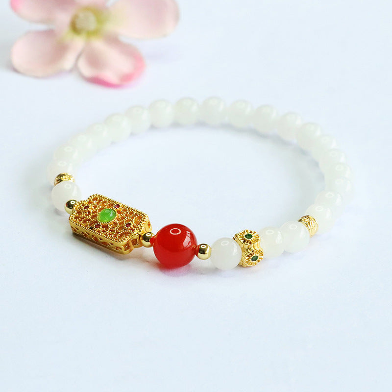 White Hetian Jade & Red Agate Beaded Bracelet
