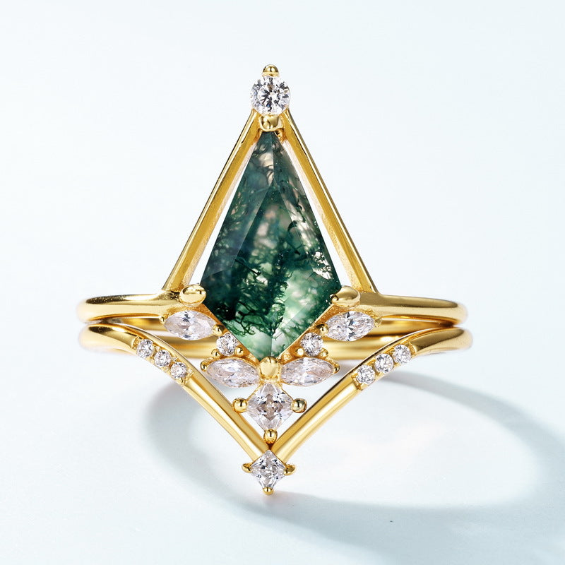 S925 Sterling Silver Moss Agate Geometric Ring