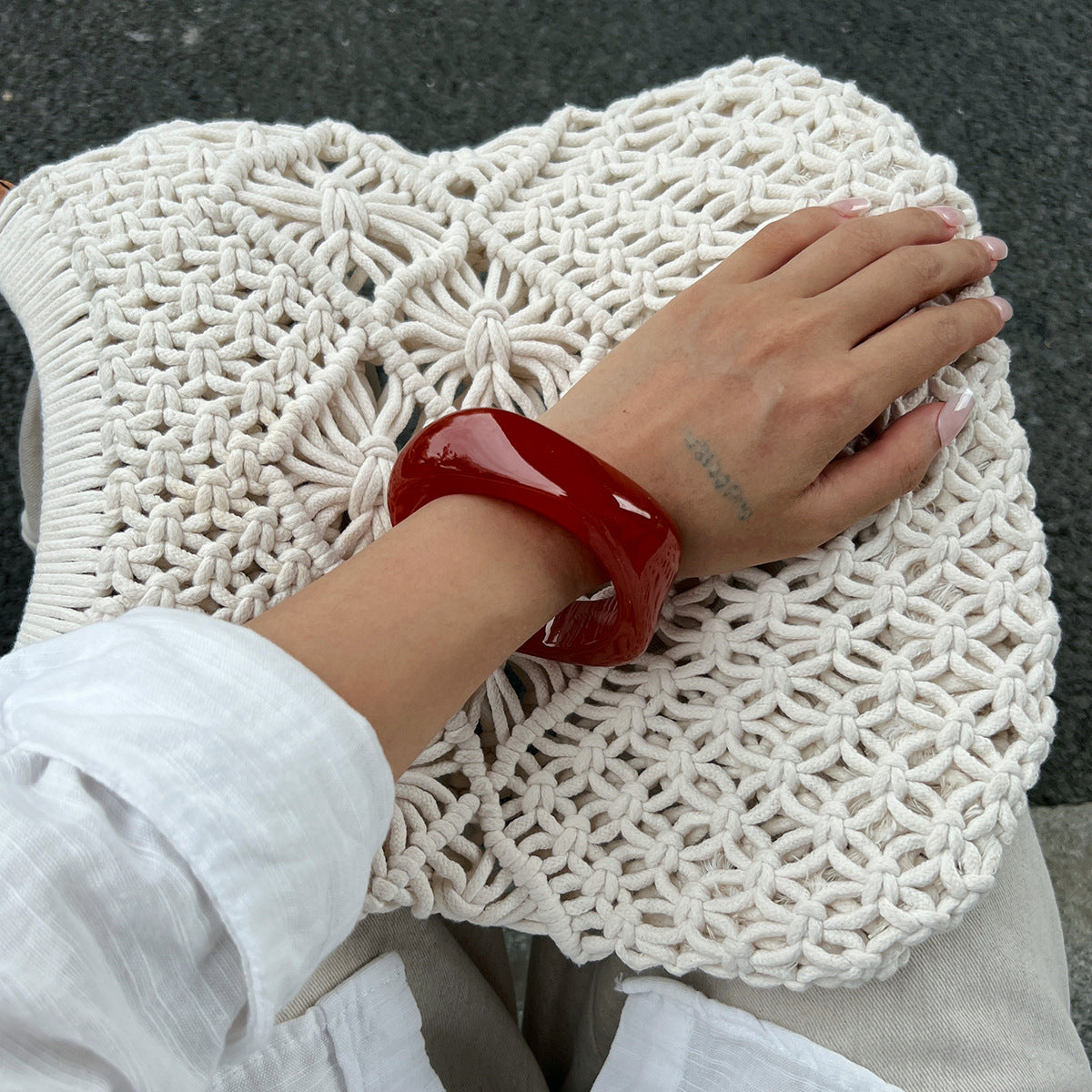 Wide Version Smudged Stone Pattern Semi-Transparent Bracelet Exaggerated Retro Special-Shaped Amber Tire