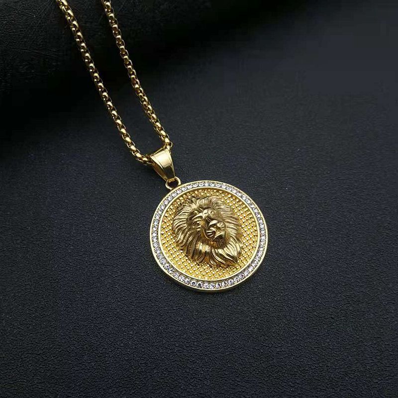 Rhinestone Necklace - Luxury Lion Head Pendant, Gold Plated Steel, Hip Hop Style