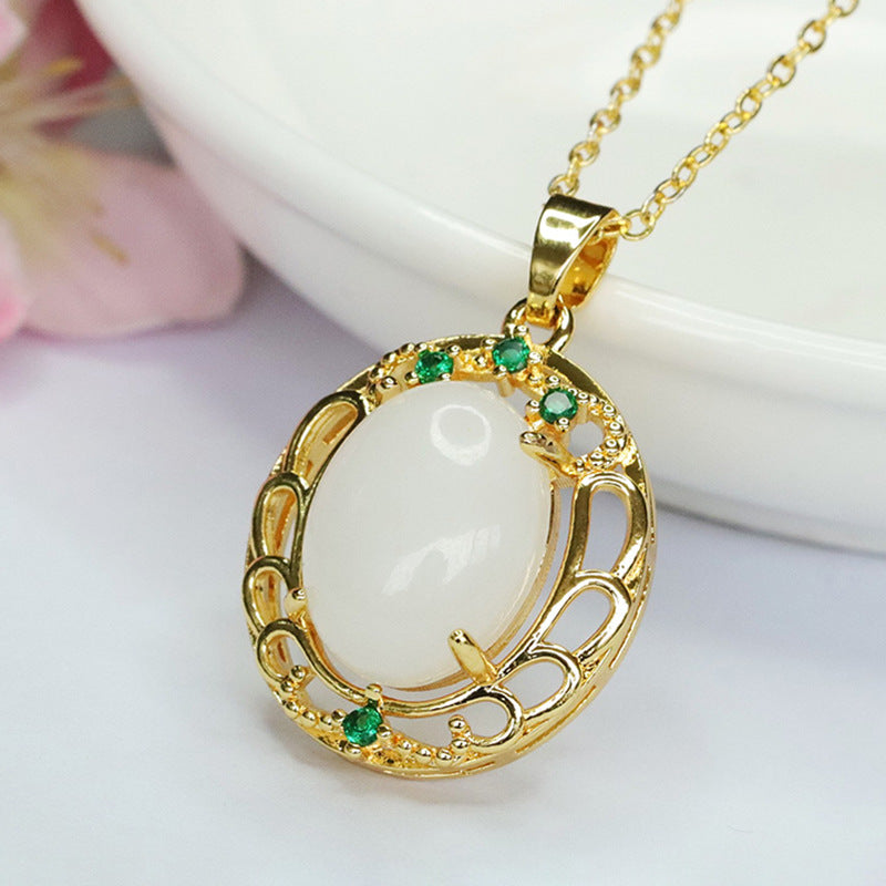 Fortune's Favorite Jade Pendant with Sterling Silver Needle and Zircon Hollow Detail