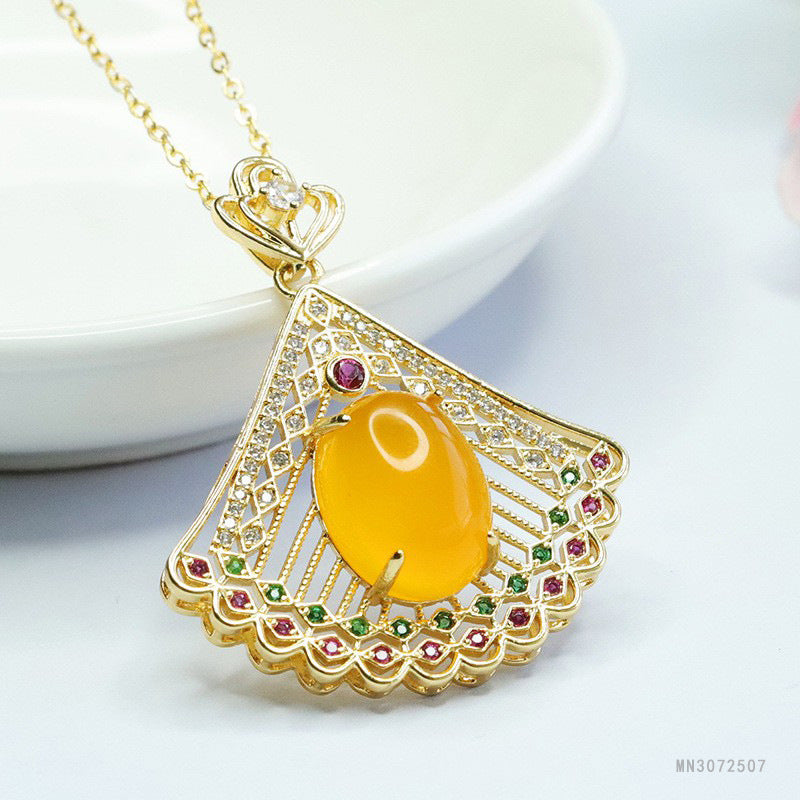Yellow Chalcedony Peacock Pendant — No Chain