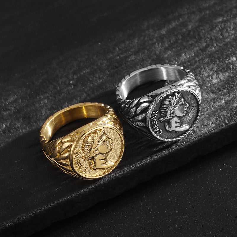 Julius Caesar Ring Stainless Steel Gold Plated Coin Portrait Premium Planderful Everyday Genie For History Buffs