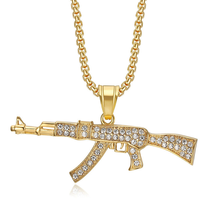 Planderful Hip Hop AK47 Pendant Necklace Stainless Steel Gold Plated Rhinestones For Men And Women