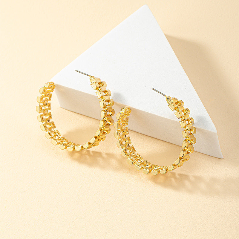 Dazzling Vienna Verve Metal C-Shaped Earrings with Watch Chain Accent