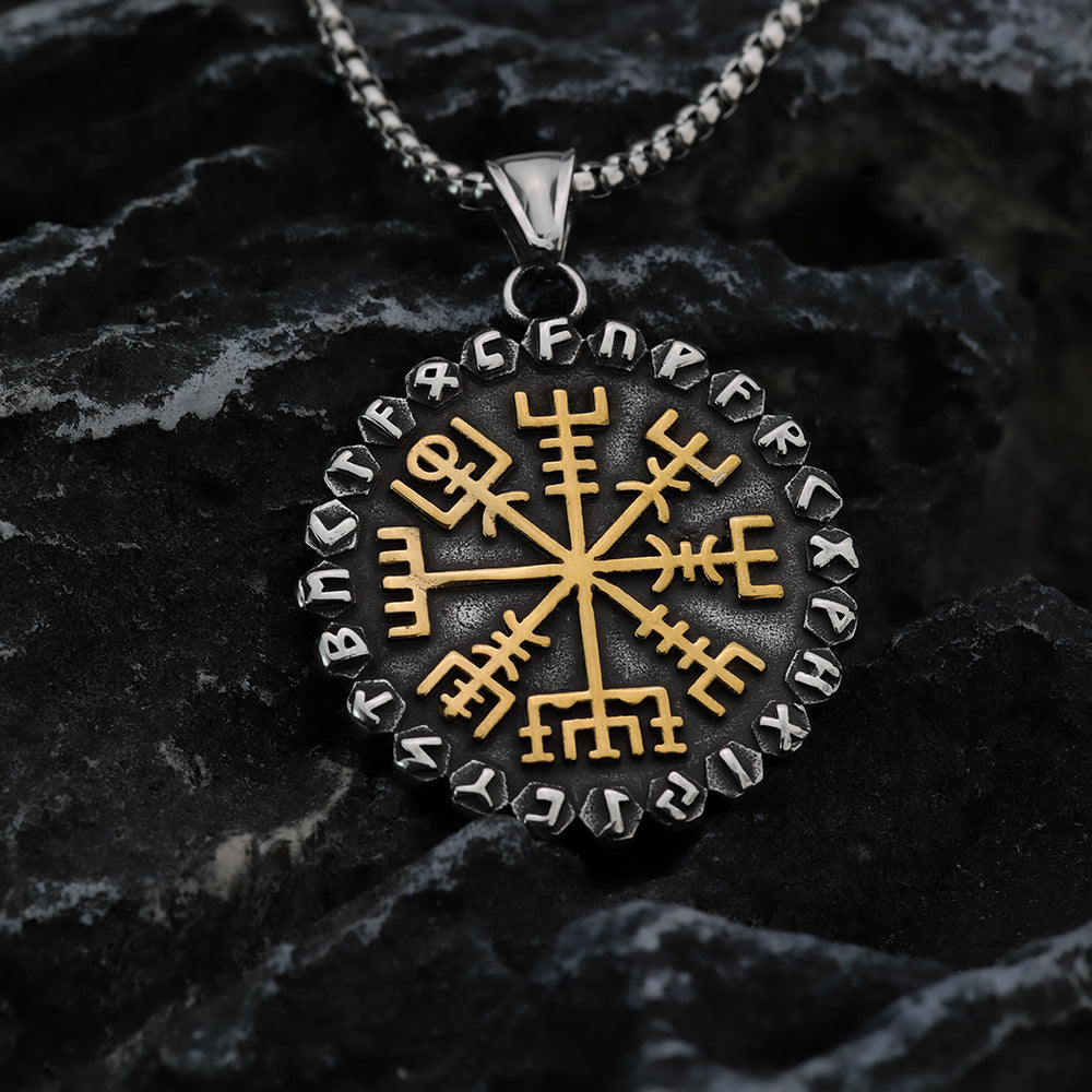 Nordic Retro Stainless Steel Men's Viking Compass Rune Necklace