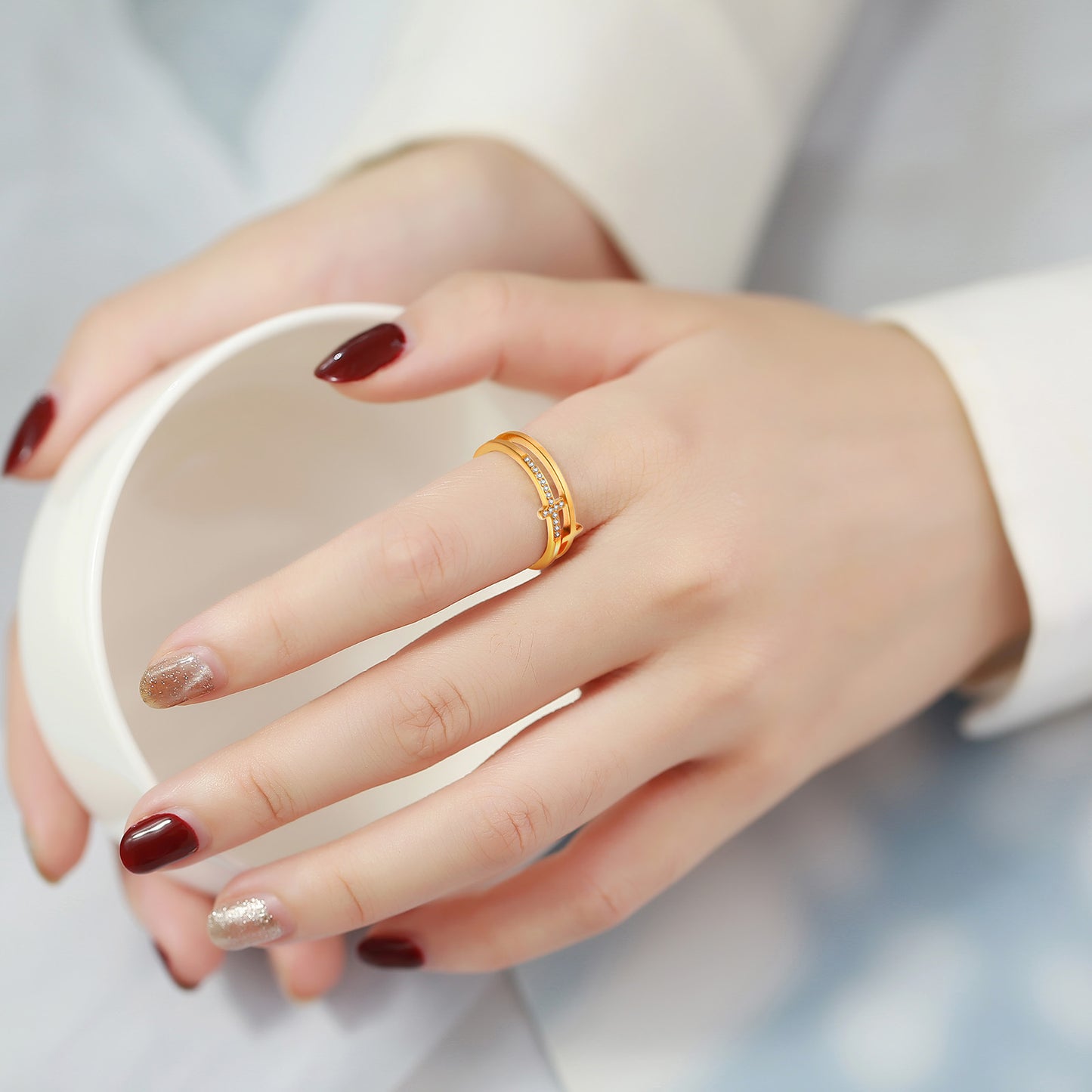 Stainless Steel Zircon Double Cross Ring Gold Women's Fashion