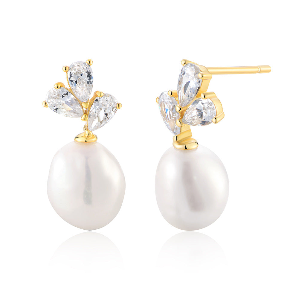 Premium Earrings S925 Sterling Silver Natural Pearl Stud Earrings Exquisite