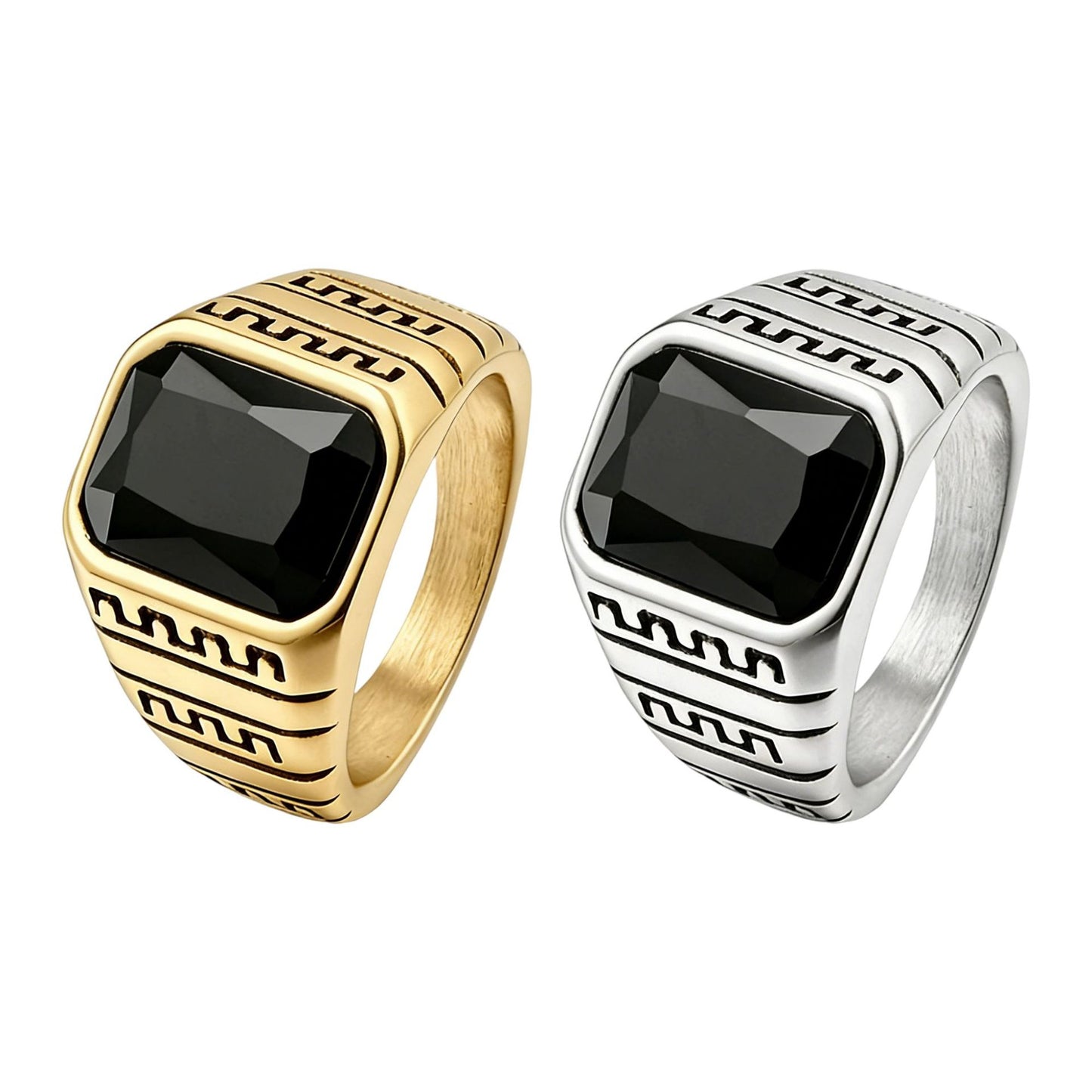 Planderful Titanium Steel Ring With Black Agate Great Wall Pattern Unisex Statement Jewelry Bold Protection