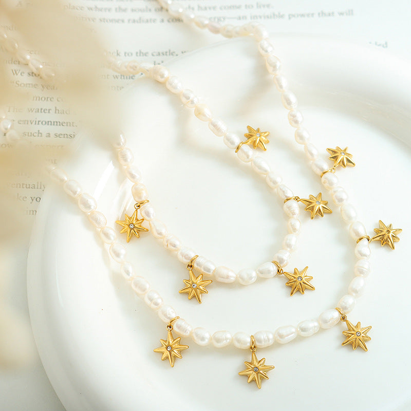 Majestic Zircon and Pearl Eight-Point Star Necklace