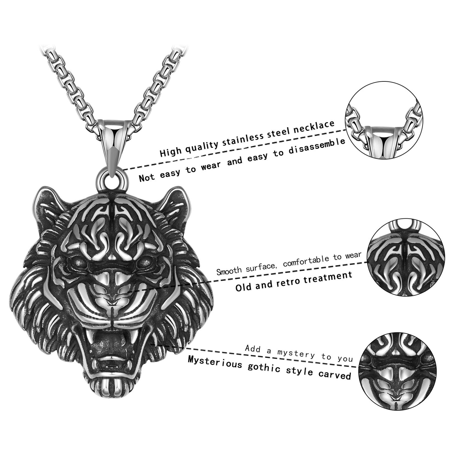 Steel Necklace – Statement Punk Hip Hop Tiger Head Pendant