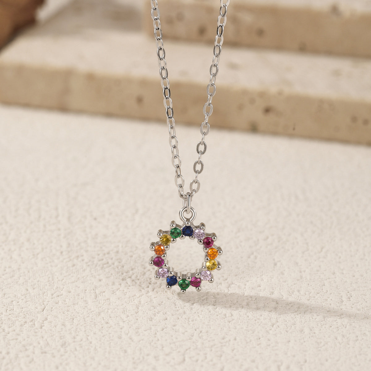 925 Sterling Silver Multicolor Zircon Pendant Necklace
