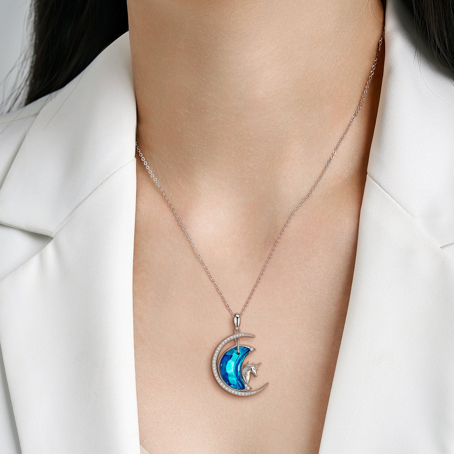 Blue Zircon Moon Unicorn Silver Necklace