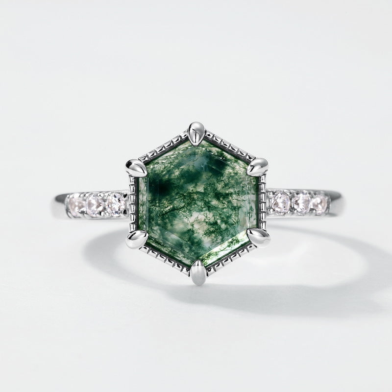 Planderful Jewelry Green Moss Agate Ring In Sterling Silver S925 Elegant Everyday Wearable Gem