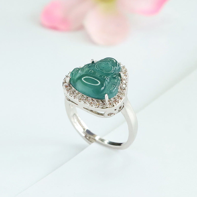 Blue-Water Jadeite Buddha Zircon Ring