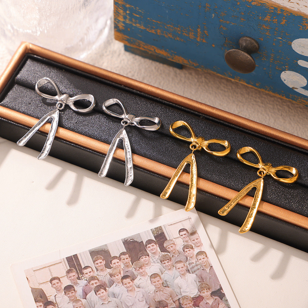 Elegant Korean Bow Stud Earrings in Gold-Plated Titanium Steel