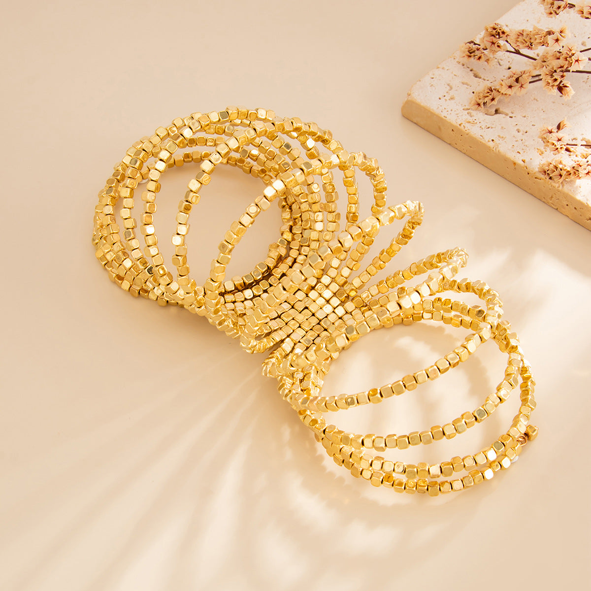 Planderful Vienna Verve Elastic Silver Beaded Bracelet For Women Retro Square Design Statement Jewelry