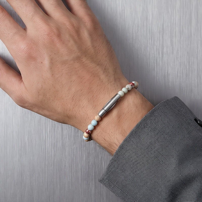 Beaded Bracelet Tiger's Eye Stone Black Agate Stainless Steel Snap Button Unisex Bracelet.
