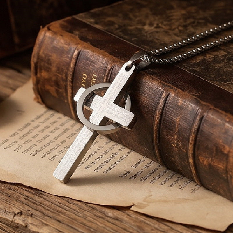 English Cross Pendant, Punk Retro Ring Cross Stainless Steel Men's Necklace