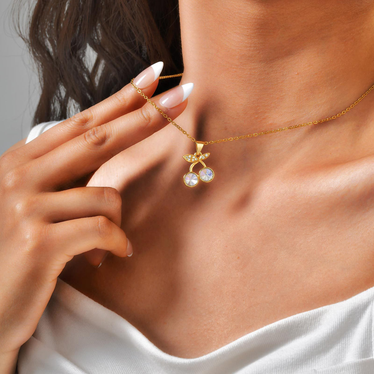 Copper Material Style Cherry Fruit Zircon Design Pendant Necklace